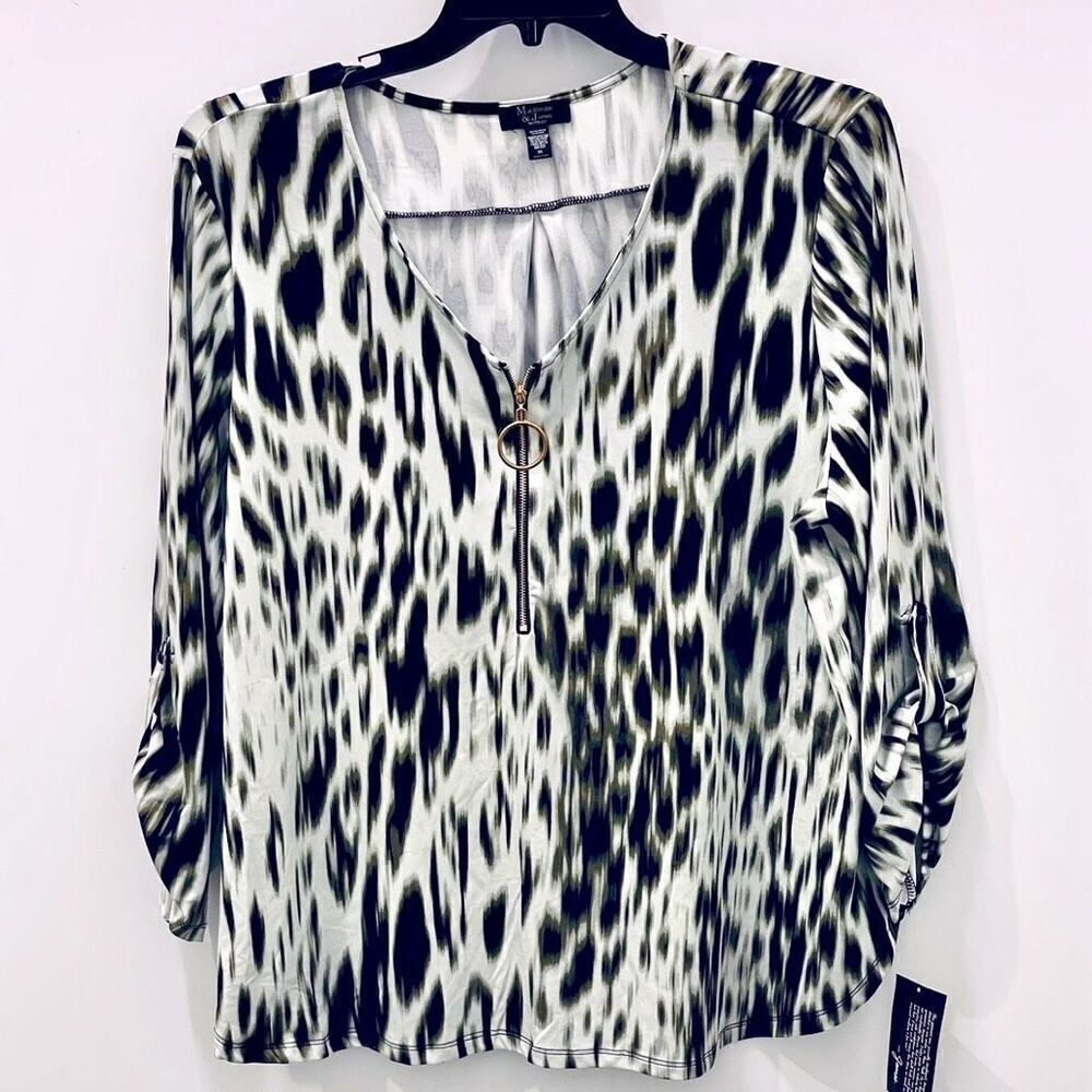 NWT Mackenzie & James 3X White Black Animal Print Convertible Sleeve Blouse Top